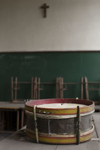 Close-up of piano on table