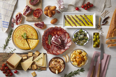 High angle view of meal served on table