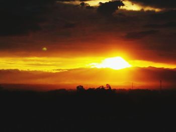 Silhouette trees on field against orange sky