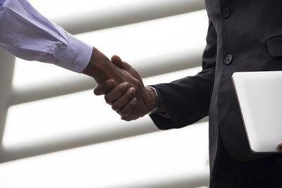 Cropped image of colleagues giving handshake by window in office