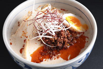 High angle view of soup in bowl