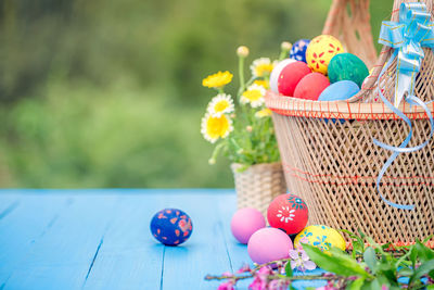 Close-up of colorful easter eggs in basket