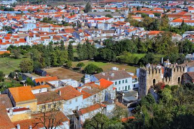 High angle view of old buildings in town