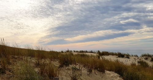Scenic view of land against sky during sunset