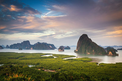 Scenic view of sea and landscape against sky during sunset