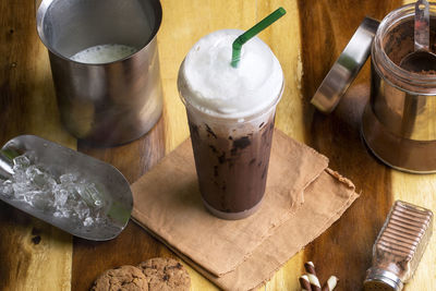 High angle view of coffee on table