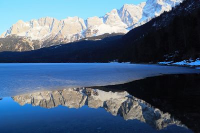 Scenic view of frozen lake by mountains against sky