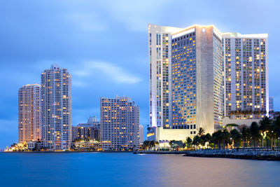 Modern buildings by river against sky in city