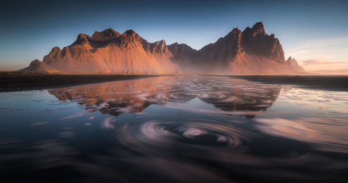 Scenic view of lake against sky during sunset