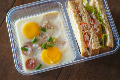 High angle view of breakfast served on table