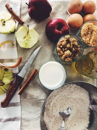 Directly above shot of food on tablecloth