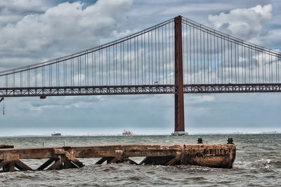 View of suspension bridge against cloudy sky