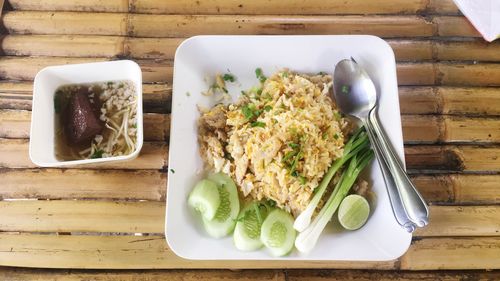 High angle view of food in plate on table