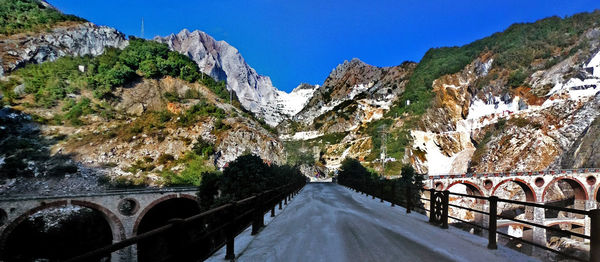 Road amidst rocky mountains against clear blue sky