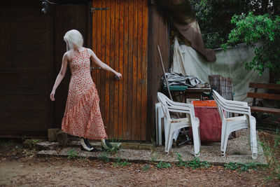 Woman walking in yard