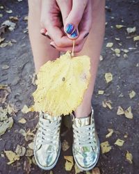 Low section of woman holding autumn leaves