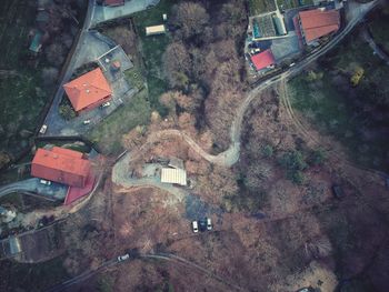 High angle view of buildings and trees in city