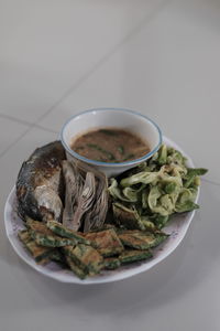 High angle view of noodles in bowl on table