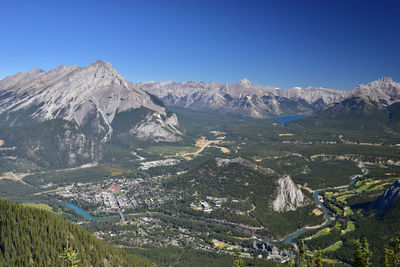 Scenic view of mountains against clear blue sky