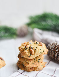 Close-up of cookies in plate on table