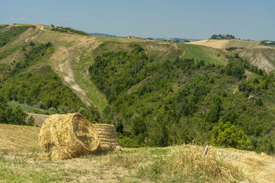 Hay bales on field against sky