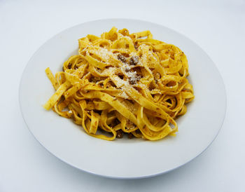 High angle view of noodles served in plate