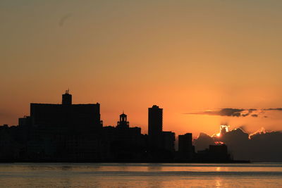 Silhouette buildings by river against sky during sunset
