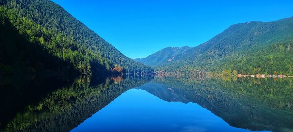 Scenic view of lake and mountains against clear blue sky