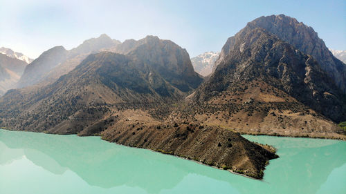 Panoramic view of lake and mountains against sky