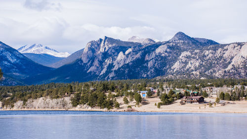 Scenic view of river and mountains against sky