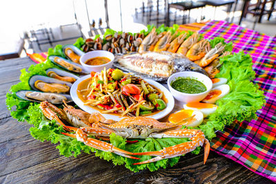 High angle view of food in plate on table