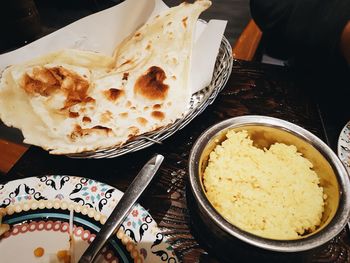 High angle view of food in plate on table