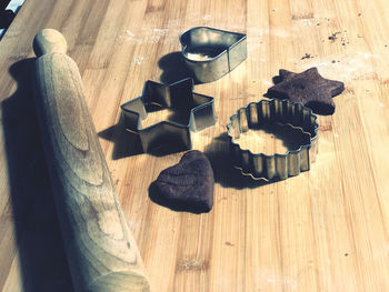 High angle view of chocolate cake on wooden table