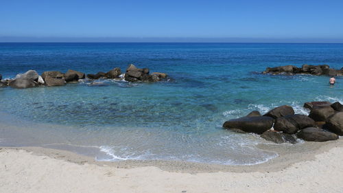 Scenic view of sea against clear blue sky