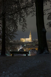 View of city lit up at night