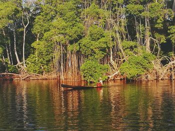 People sailing in river by trees in forest