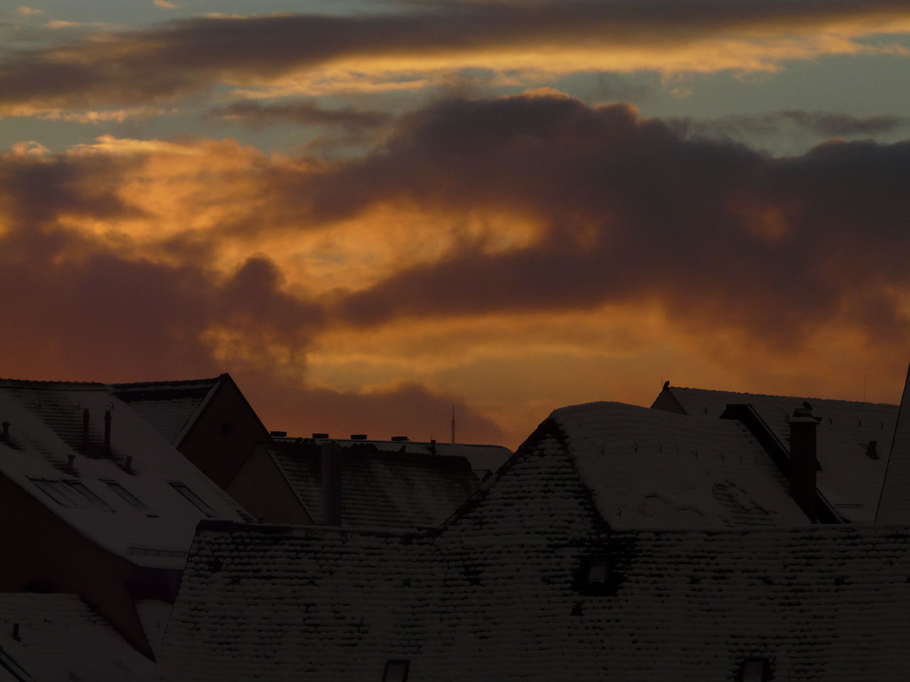 architecture, building exterior, built structure, sunset, sky, cloud - sky, orange color, house, cloudy, residential structure, low angle view, roof, cloud, residential building, building, outdoors, dramatic sky, no people, high section, weather