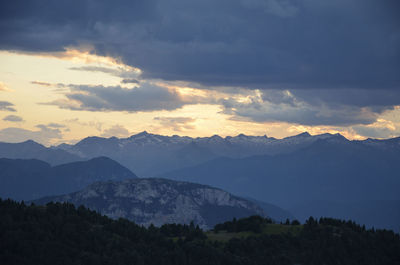 Scenic view of mountains against sky during sunset