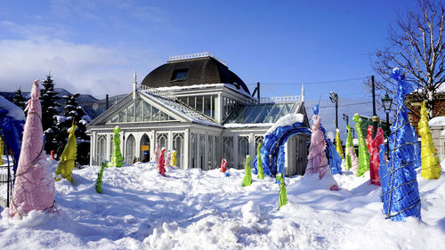 Glass house architecture snow winter festival in hokkaido, japan