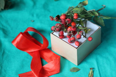 High angle view of strawberries in box on table