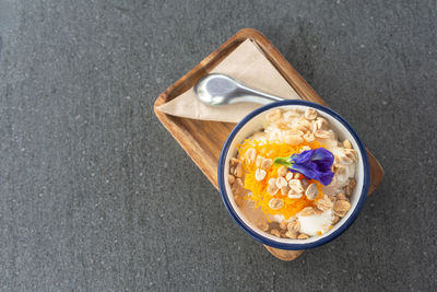 High angle view of breakfast on table