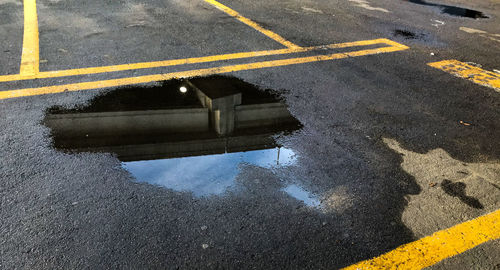 High angle view of puddle on road