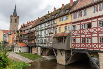 Buildings by river against sky in city