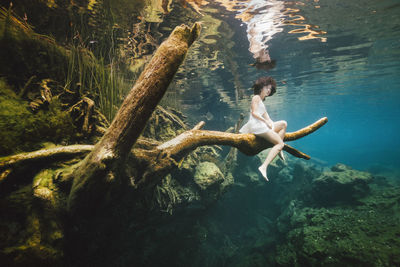 Low angle view of woman sitting on branch underwater