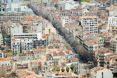 High angle view of buildings in town