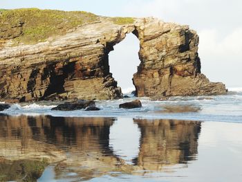 Rock formations on sea shore against sky