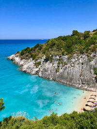 Scenic view of bay against clear blue sky