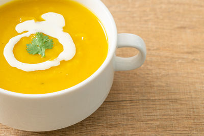 Close-up of soup in bowl on table