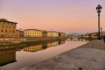 Reflection of buildings on river during sunset