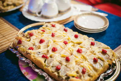 High angle view of dessert in plate on table